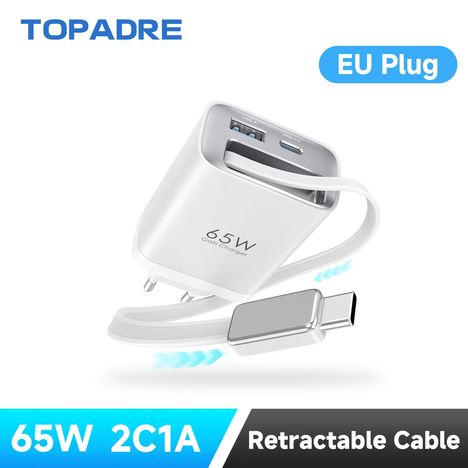 65W GaN PD3.1 Fast Charger With Retractable Cable , 3-Port Type-C + USB-A Travel Adapter For IPhone ,  Laptops, Galaxy Series - Image 1