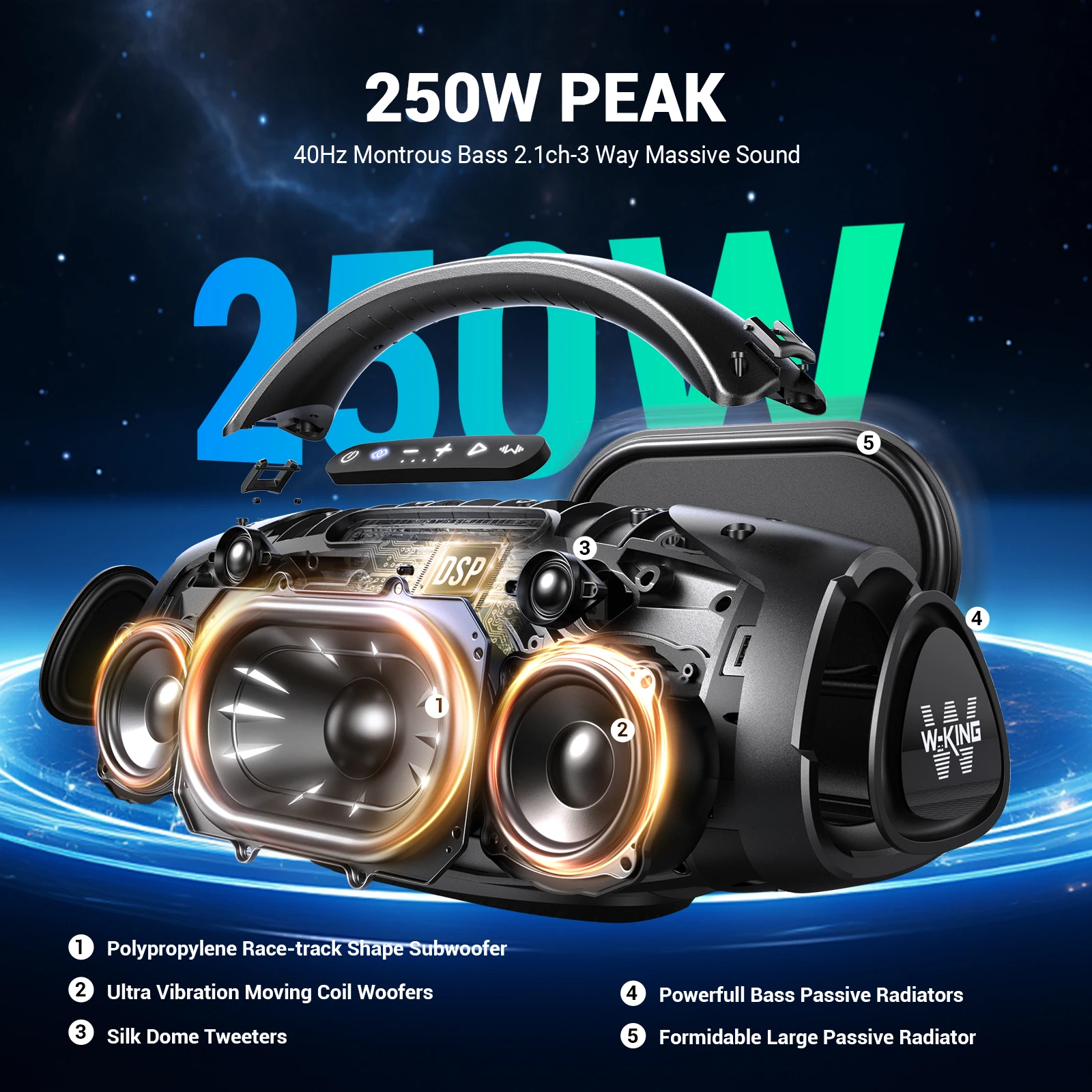 W-KING X20S Bluetooth Speaker w/Strap140W RMS Massive Bass Party Boombox IPX7 Waterproof Speaker Loud Outdoor Portable Sound Box - Image 4
