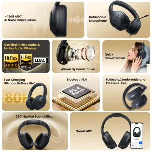 HAYLOU S30 Wireless Bluetooth 5.4 Headphones 43dB Adaptive Noise Cancelling Headsets 40mm Driver 80H Playtime Earphones - Thumbnail Image 3
