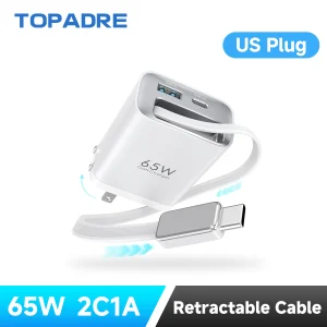 65W GaN PD3.1 Fast Charger With Retractable Cable , 3-Port Type-C + USB-A Travel Adapter For IPhone ,  Laptops, Galaxy Series - Thumbnail Image 8