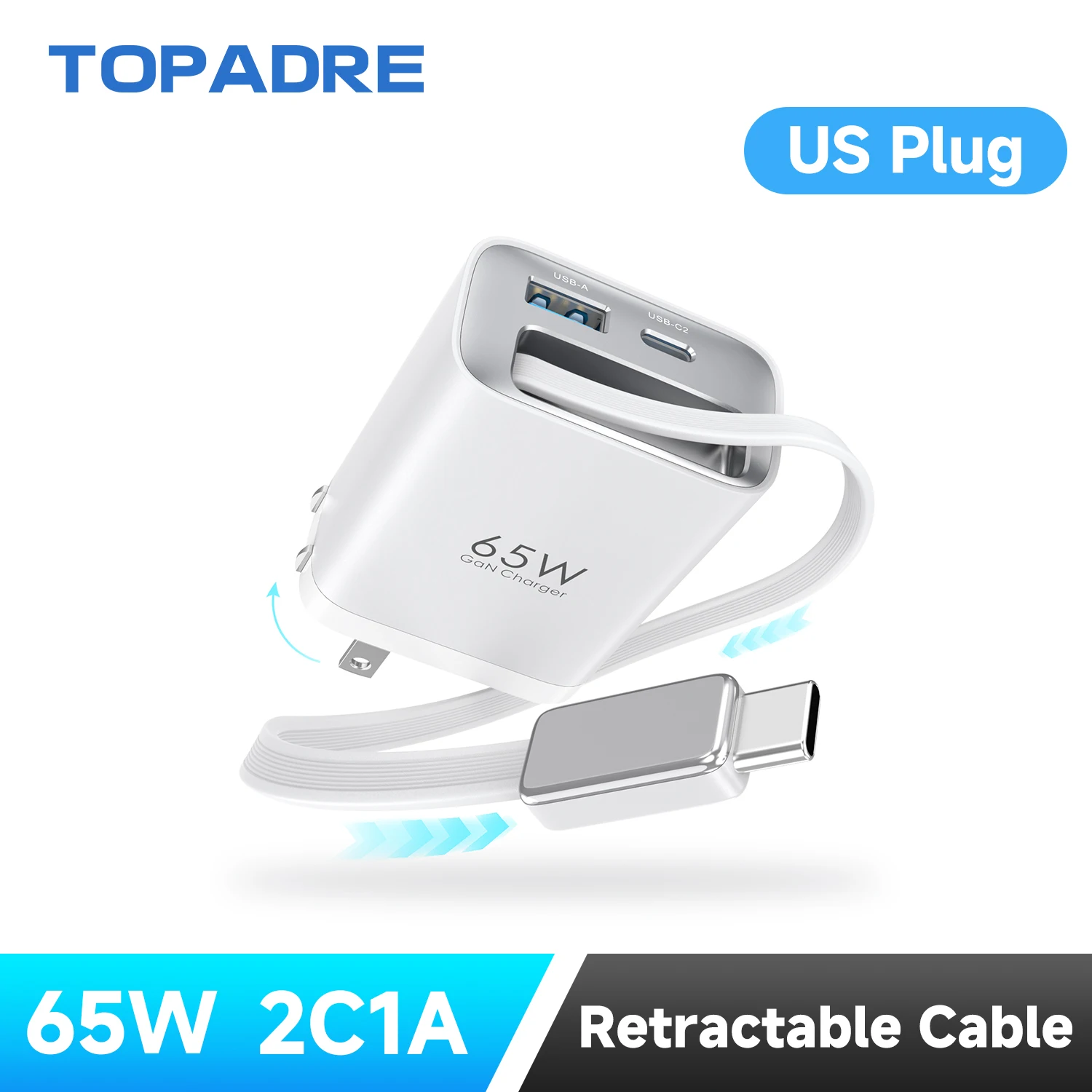 65W GaN PD3.1 Fast Charger With Retractable Cable , 3-Port Type-C + USB-A Travel Adapter For IPhone ,  Laptops, Galaxy Series - Image 8