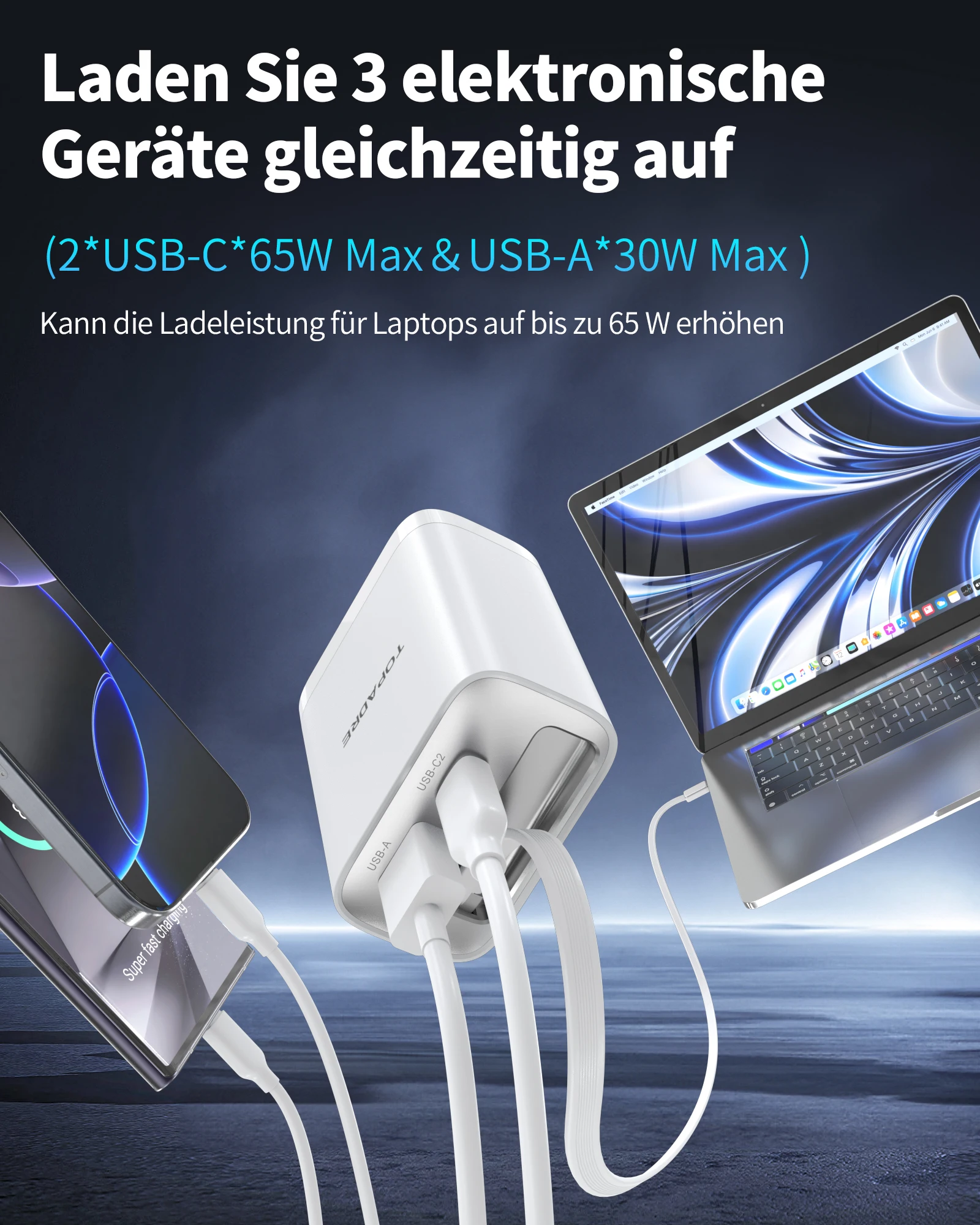 65W GaN PD3.1 Fast Charger With Retractable Cable , 3-Port Type-C + USB-A Travel Adapter For IPhone ,  Laptops, Galaxy Series - Image 5