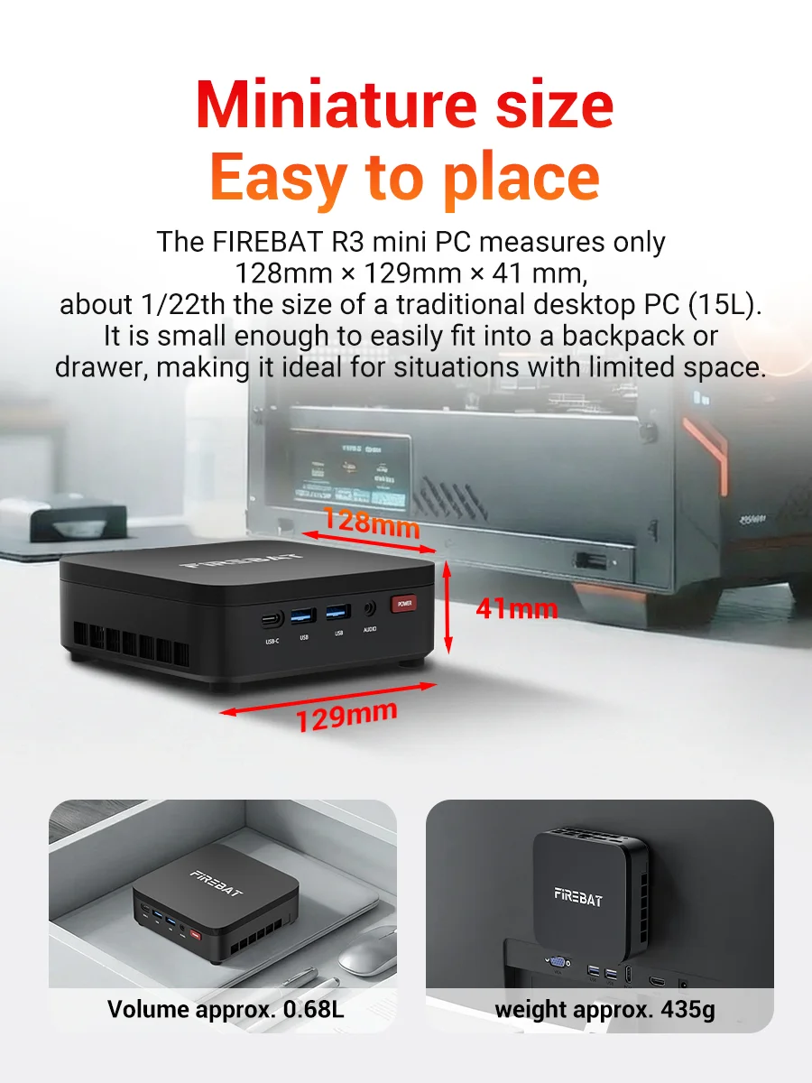 Firebat R3 Mini Pc Amd Ryzen7 7730U Ryzen5 7430U Ryzen3 4300U Lpddr4 16Gb Ram M.2 SATA 512Gb Ssd Wifi6 Bt5.2 1000M Lan Windows11 Portable Desktop Computer - Image 4