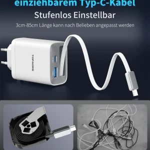 65W GaN PD3.1 Fast Charger With Retractable Cable , 3-Port Type-C + USB-A Travel Adapter For IPhone ,  Laptops, Galaxy Series - Thumbnail Image 3