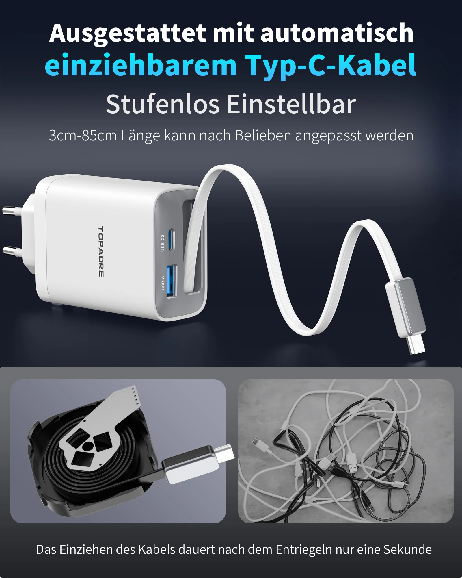 65W GaN PD3.1 Fast Charger With Retractable Cable , 3-Port Type-C + USB-A Travel Adapter For IPhone ,  Laptops, Galaxy Series - Image 3