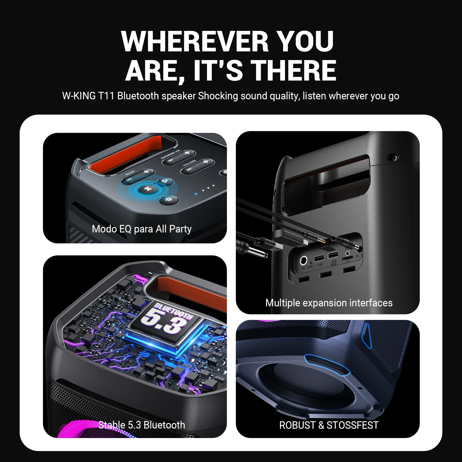 W-KING T11 Bluetooth Speakers,100W RMS, IPX6 Waterproof, BT 5.3 Portable Party Boombox Wireless Deep Bass/115dB Loud Massive Sound - Image 6