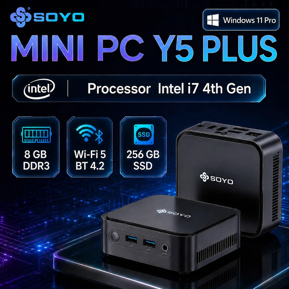SOYO Mini PC Y5 PLUS Intel I7 4th Gen 8GB RAM 128GB ROM Y5 Air I5 4th GenWindows 11 Pro WiFi BT4.2 Office Desktop Computer HDMI*2 RJ45*1 USB3.0*4 3.3GHZ 4K 60fps UHD Graphics 5000 HDMI VGA Dual Display Silent Cooling VESA Mount - Image 1