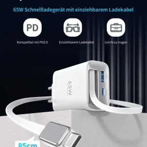 65W GaN PD3.1 Fast Charger With Retractable Cable , 3-Port Type-C + USB-A Travel Adapter For IPhone ,  Laptops, Galaxy Series - Thumbnail Image 2
