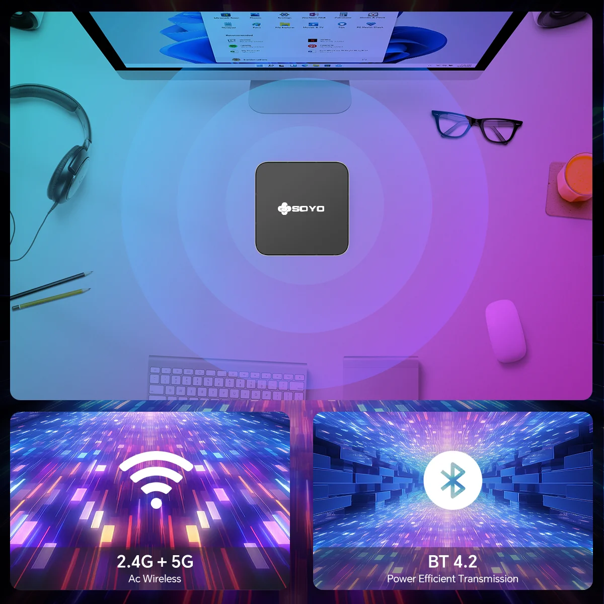 SOYO Mini PC Y5 PLUS Intel I7 4th Gen 8GB RAM 128GB ROM Y5 Air I5 4th GenWindows 11 Pro WiFi BT4.2 Office Desktop Computer HDMI*2 RJ45*1 USB3.0*4 3.3GHZ 4K 60fps UHD Graphics 5000 HDMI VGA Dual Display Silent Cooling VESA Mount - Image 6