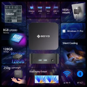 SOYO Mini PC Y5 PLUS Intel I7 4th Gen 8GB RAM 128GB ROM Y5 Air I5 4th GenWindows 11 Pro WiFi BT4.2 Office Desktop Computer HDMI*2 RJ45*1 USB3.0*4 3.3GHZ 4K 60fps UHD Graphics 5000 HDMI VGA Dual Display Silent Cooling VESA Mount - Thumbnail Image 2