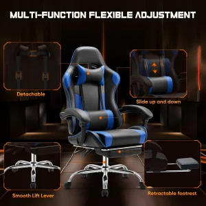 JHK Ergonomic Racing Gaming Chair Adjustable Swivel PU Leather with Headrest and Lumbar Support For Office Computer Living Room - Thumbnail Image 4