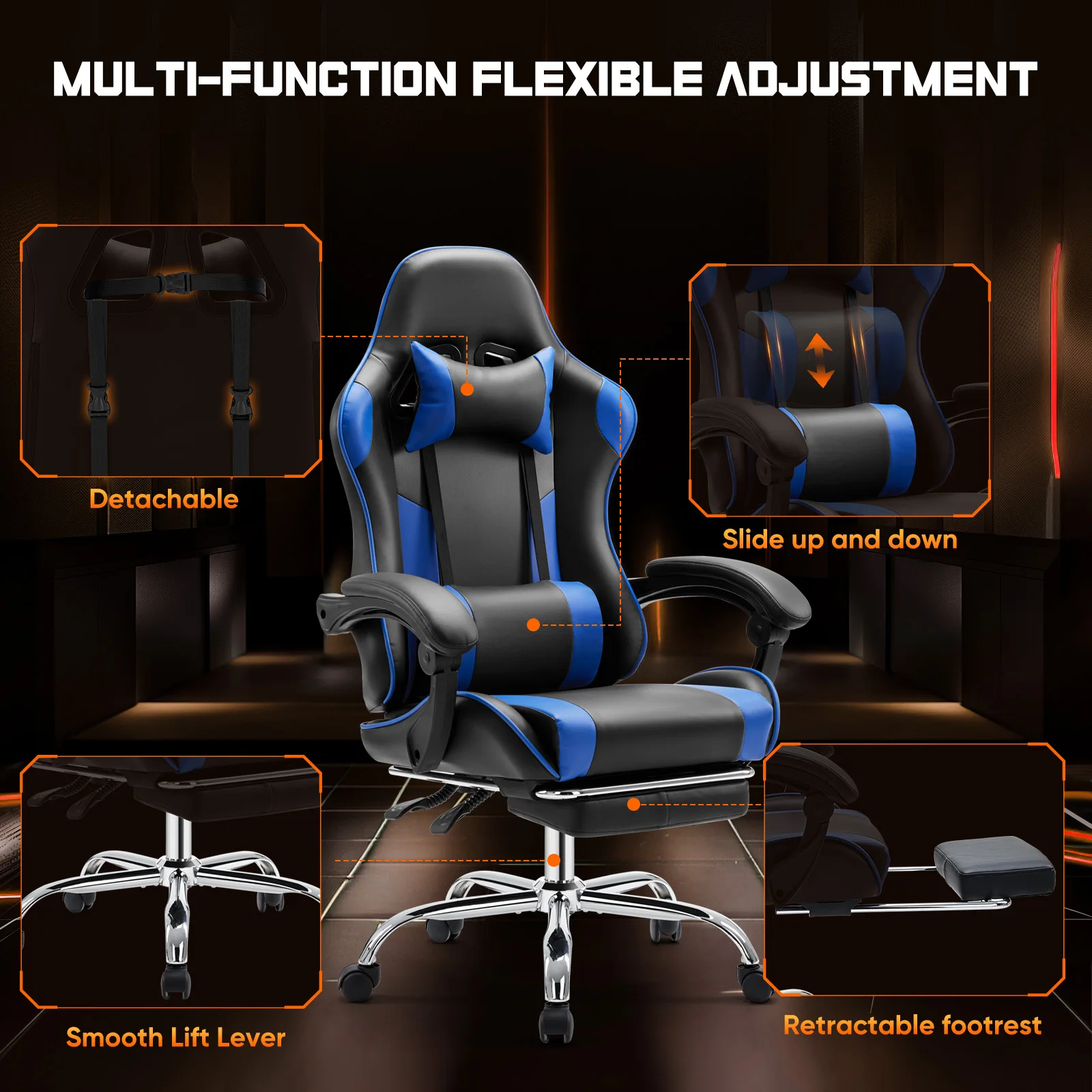 JHK Ergonomic Racing Gaming Chair Adjustable Swivel PU Leather with Headrest and Lumbar Support For Office Computer Living Room - Image 4