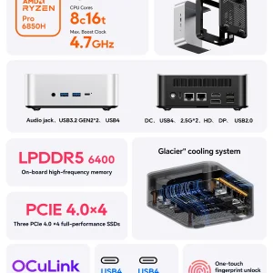 Aoostar Maco 6850H Mini Pc, Amd Ryzen 7 Pro 6850H 8C16T, 24Gb Lpddr5, 1Tb Pcie 4.0 Ssd, Hdmi+Dp+Usb4, Wifi 6, 2.5g Lan, Windows 11 Pro - Thumbnail Image 2